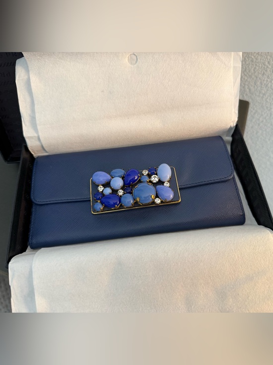 Prada Handbags - Prada Saffiano Leather Jeweled Wallet Blue Crystal Clutch W Box
